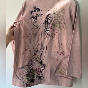 Vintage Ethereal Pastel Pink Painted Geisha Retro Indie Midi Suede Jacket Large